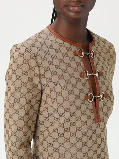 Gucci Beige Crewneck Mini Dress With Horsebit On The Front In Gg Canvas Woman In Brown