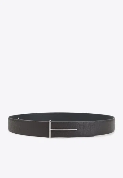 Tom Ford Dark Brown Reversible Textured Silver Buckle Belt In Brown