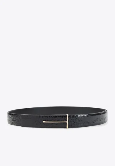 Tom Ford T-buckle Reversible Belt In Croc-embossed Leather In Black