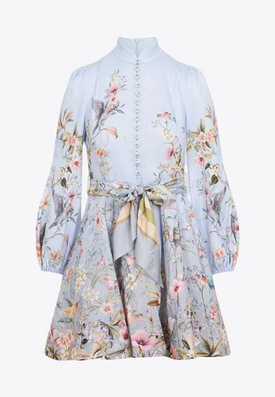 Zimmermann Rebellion Multicolor Midi Dress With Bow Detail On The Front And All-over Floral Print In Linen Woma In Blue