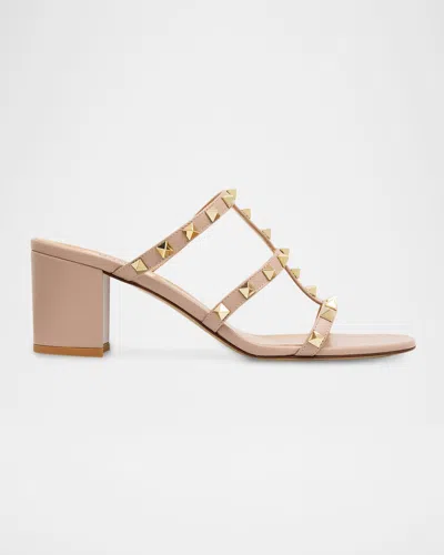 Valentino 60mm Rockstud Caged Block-heel Slide Sandals In Neutral