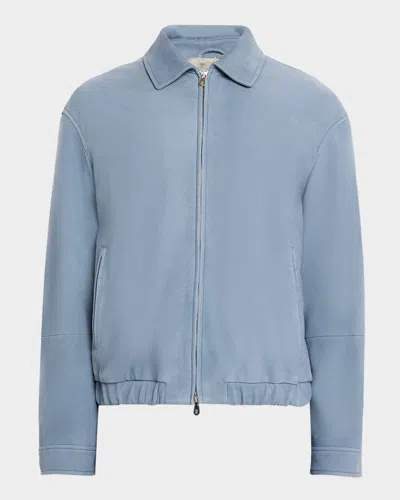 Brunello Cucinelli Leather Blouson Jacket In Blue