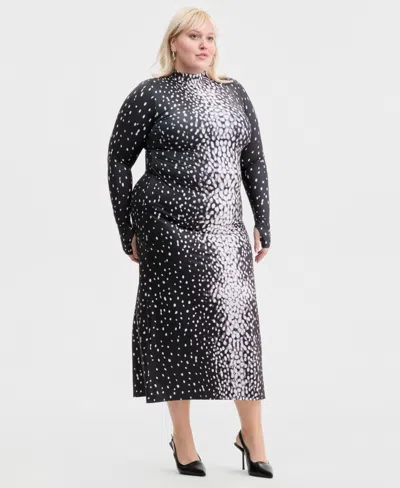 Bar Iii Trendy Plus Size Printed Mock-neck Midi Dress, Macy's Exclusive In Black