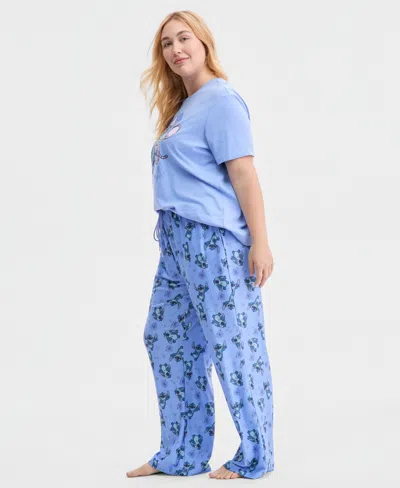 Disney Trendy Plus Size Stitch Love Printed Drawstring Pants In Blue