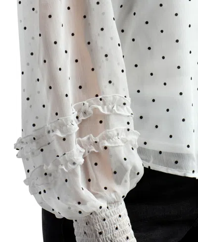 Bcx Junior's Flocked Dot Collared Long-sleeve Top In White