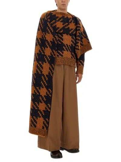 Dries Van Noten Oversized Houndstooth Wool Scarf With Draped Detail In Brown
