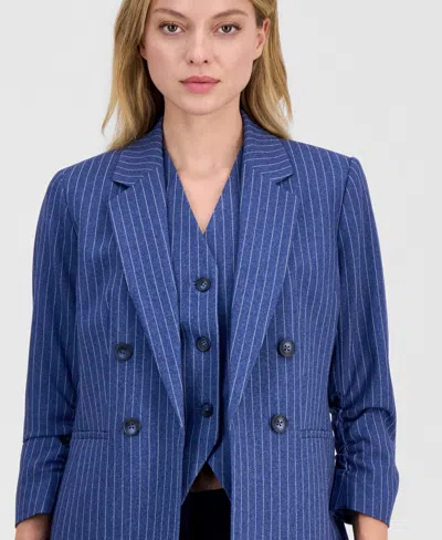 Bar Iii Womens Pinstripe Notched Collar Jacket V Neck Vest Macys Exclusive In Blue