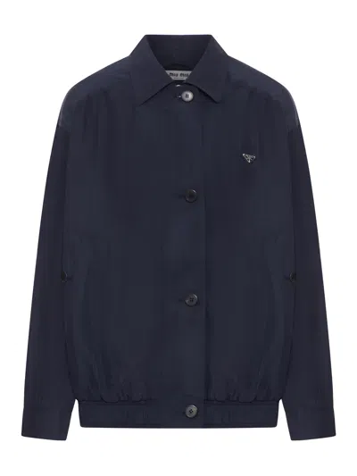 Prada Collared Jacket Long Sleeves Elasticated Hem In Blue