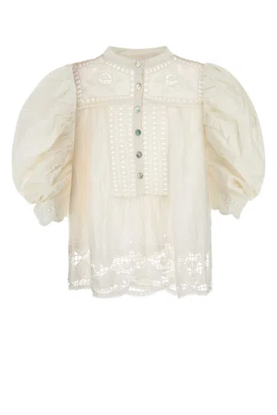 Farm Rio White Linen Blend Blouse In White