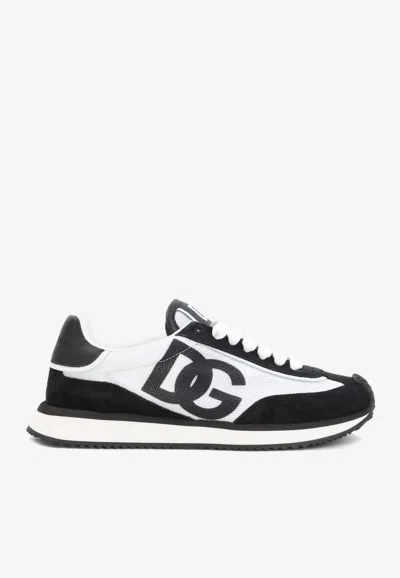 Dolce & Gabbana Dg Cushion White And Black Low Top Sneakers With Logo Print In Mixed Materials Woman