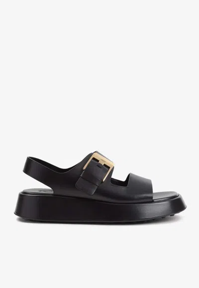 Tod's Leather Sandals With Double Strap And Maxi Buckle In Black