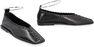 Jil Sander Ring Whipstitch-trimmed Leather Ballet Flats In Black