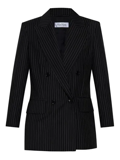 Max Mara Black Pinstriped Double-breasted Wool Jacket In Black