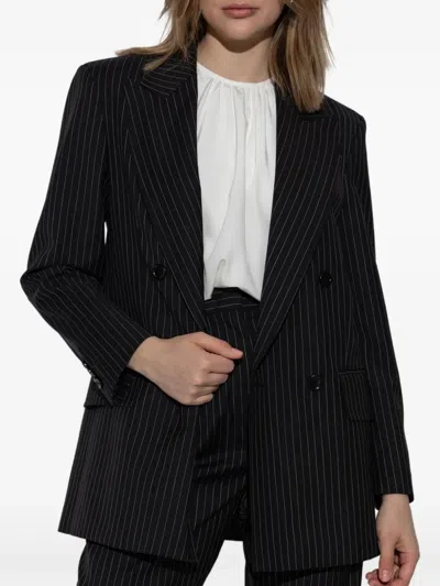 Max Mara Black Pinstriped Double-breasted Wool Jacket In Black