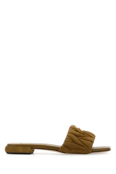 Miu Miu Olive Green Suede Slippers In Brown