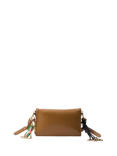 Prada Soft Sound Small Leather Shoulder Bag With Charms In Brown