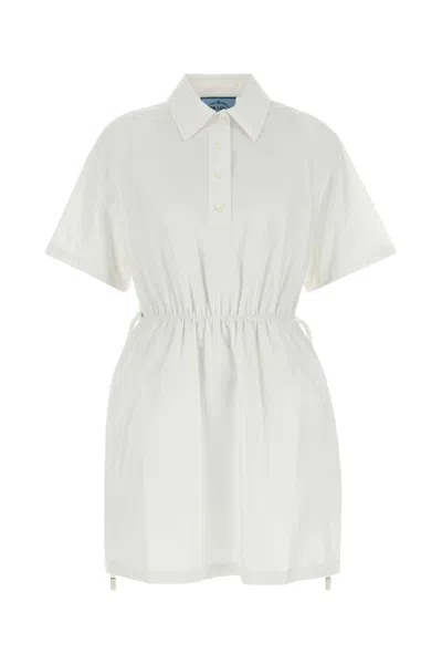 Prada Drawstring Waist Poplin Shirt Dress In White
