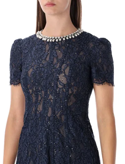 Self-portrait Navy Lace Midi Dress With Pearl And Crystal Embellished Collar In Multi