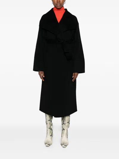 Soft Goat Wide-lapels Belted Coat In Black