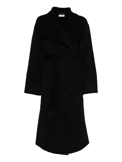 Soft Goat Wide-lapels Belted Coat In Black