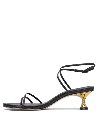 Studio Amelia Black Leather Sandals With Gold Accent Heel In Black