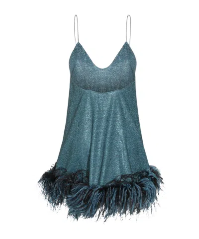 Oseree Lumiere Feather Detail Glitter Mini Dress In Blue