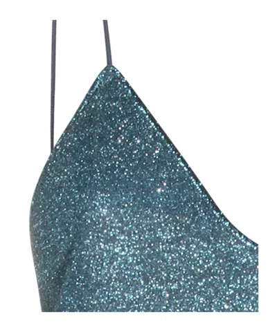 Oseree Lumiere Feather Detail Glitter Mini Dress In Blue