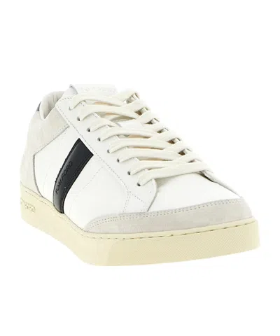 Tom Ford Panelled Suede And Grained Leather Sneakers In White