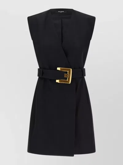 Balmain Sleeveless Wrap Dress Belted Waist Neckline In Black