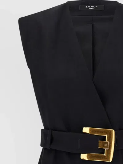 Balmain Sleeveless Wrap Dress Belted Waist Neckline In Black