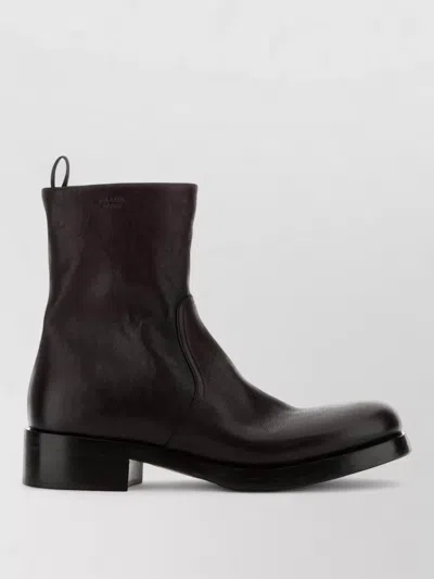 Prada Leather Ankle Boots Round Toe Design In Brown