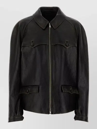 Prada Leather Jacket Long Sleeves Buttoned Pockets Tabs In Black