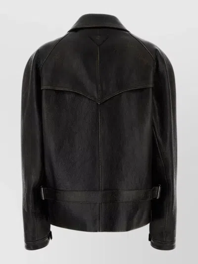 Prada Leather Jacket Long Sleeves Buttoned Pockets Tabs In Black