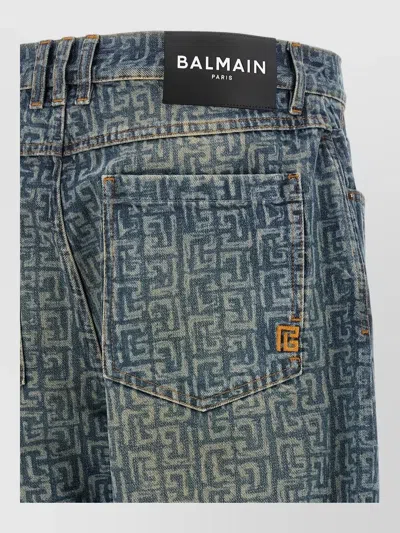 Balmain Monogram Denim Trousers All Over Pattern In Blue