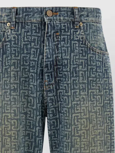 Balmain Monogram Denim Trousers All Over Pattern In Blue