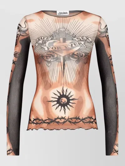 Jean Paul Gaultier Tattoo-inspired Sheer Long-sleeved Top With Bold Motifs In Brown