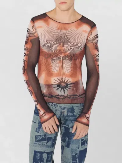 Jean Paul Gaultier Tattoo-inspired Sheer Long-sleeved Top With Bold Motifs In Brown