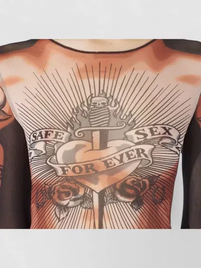 Jean Paul Gaultier Tattoo-inspired Sheer Long-sleeved Top With Bold Motifs In Brown