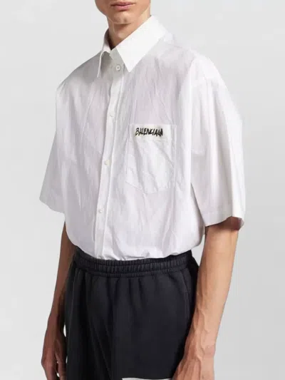 Balenciaga Short Sleeve Silk Blend Button Down Shirt In White