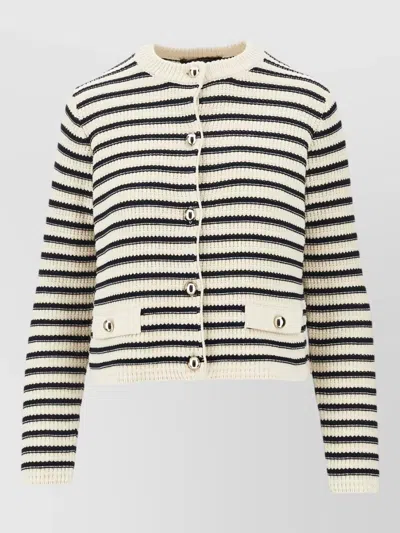 Weekend Max Mara Striped Cardigan Ribbed Knit Front Pockets In Neutral