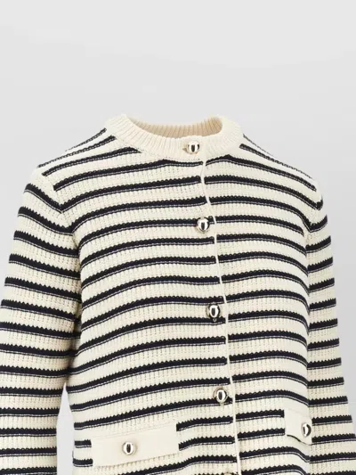 Weekend Max Mara Striped Cardigan Ribbed Knit Front Pockets In Neutral