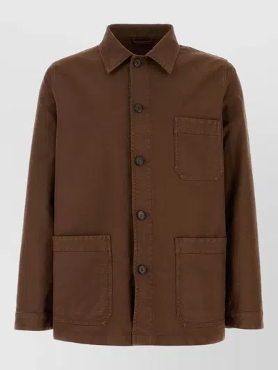 Prada Canvas Jacket Collared Chest And Front Pockets In Brown