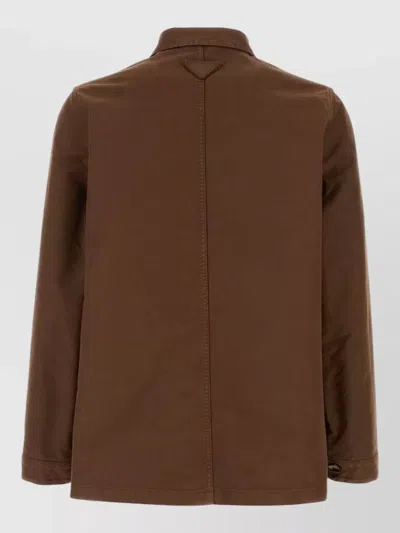 Prada Canvas Jacket Collared Chest And Front Pockets In Brown