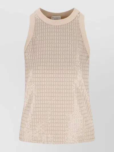 Brunello Cucinelli Sequined Round Neck Ribbed Cotton Tank In Neutral