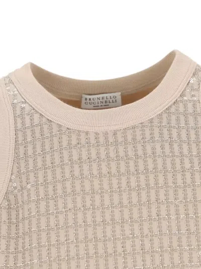 Brunello Cucinelli Sequined Round Neck Ribbed Cotton Tank In Neutral