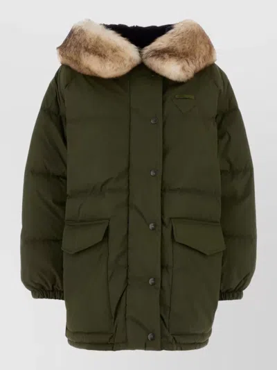 Prada Re Nylon Down Jacket Faux Fur Collar In Green