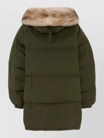 Prada Re Nylon Down Jacket Faux Fur Collar In Green