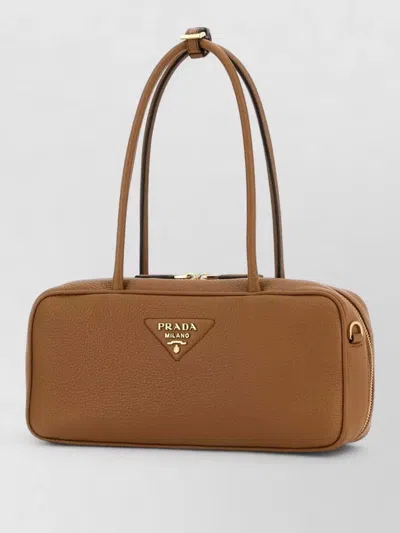 Prada Leather Shoulder Bag Double Handles Rectangular In Brown