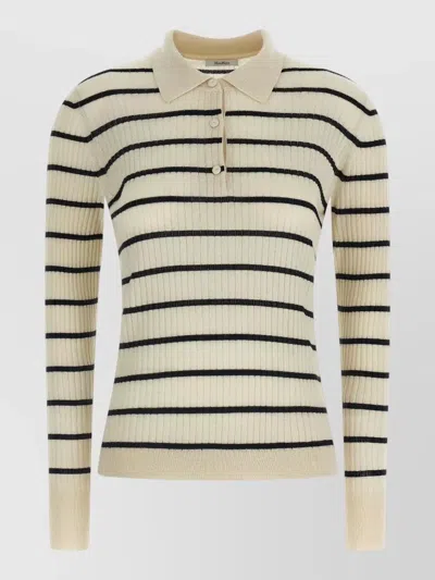 Max Mara Gitano Cashmere Silk Striped Collared Sweater In Neutral