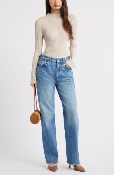 Open Edit Open Stitch Linen Blend Mock Neck Sweater In Brown